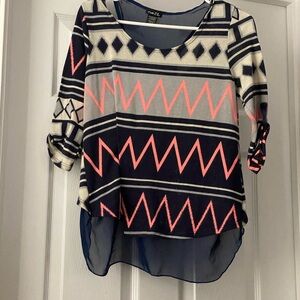 Rue21 Black, White & Neon Pink Aztec-Print Hi-Low Blouse